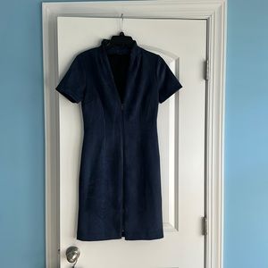 Tahari suede work sheath dress with zipper in front. size 2. Color: navy